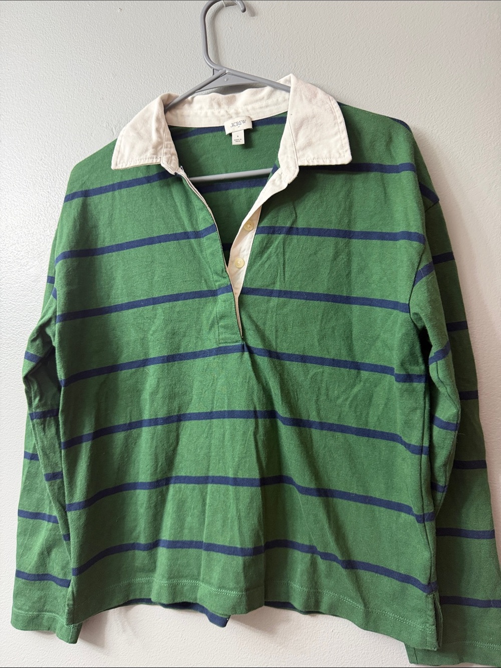 J. Crew Green and Navy Striped Rugby Polo with White Collar small - Picture 2 of 7